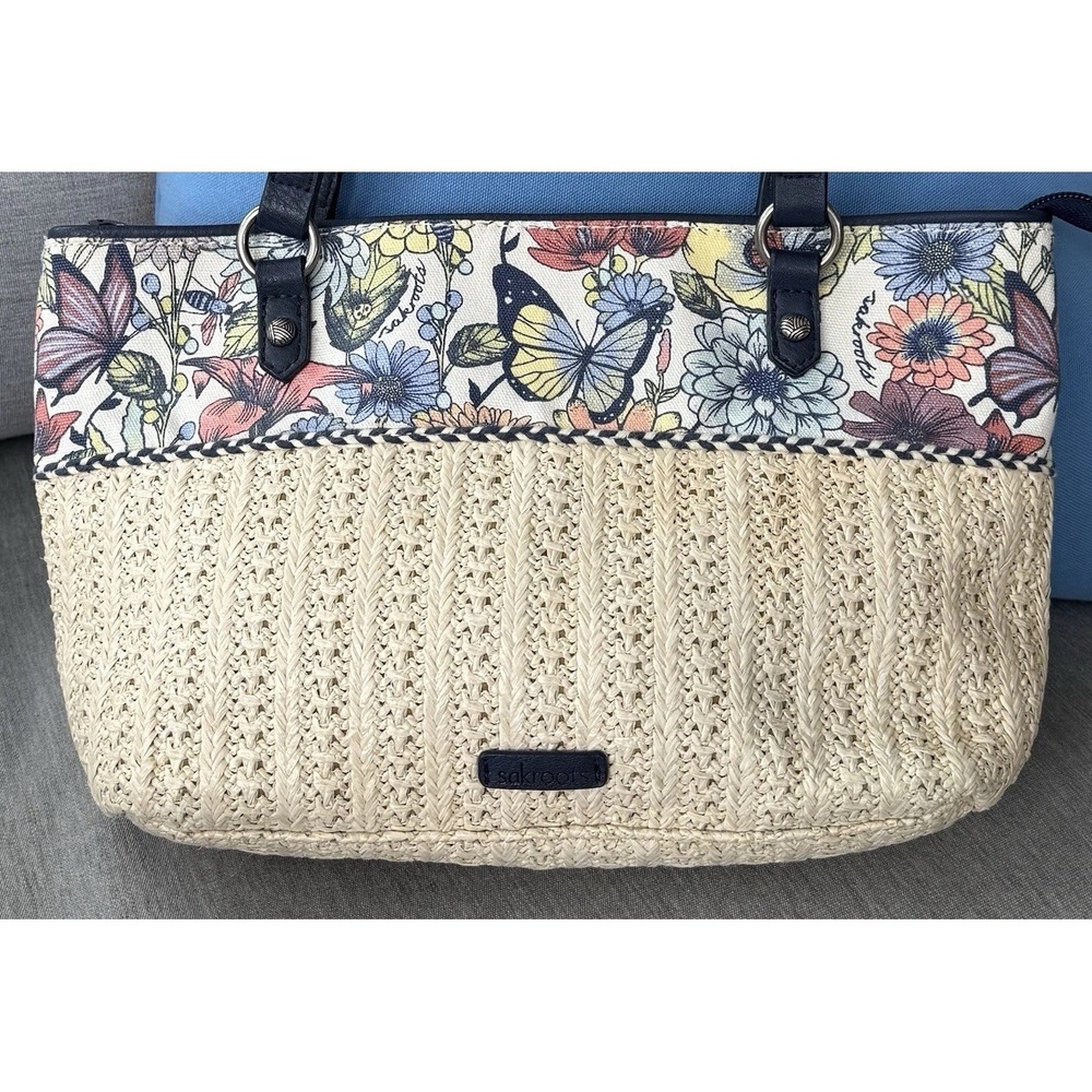 Sakroots Handbag Butterfly Floral Jute Straw Satchel Purse Bag Boho Charm/Tassel
